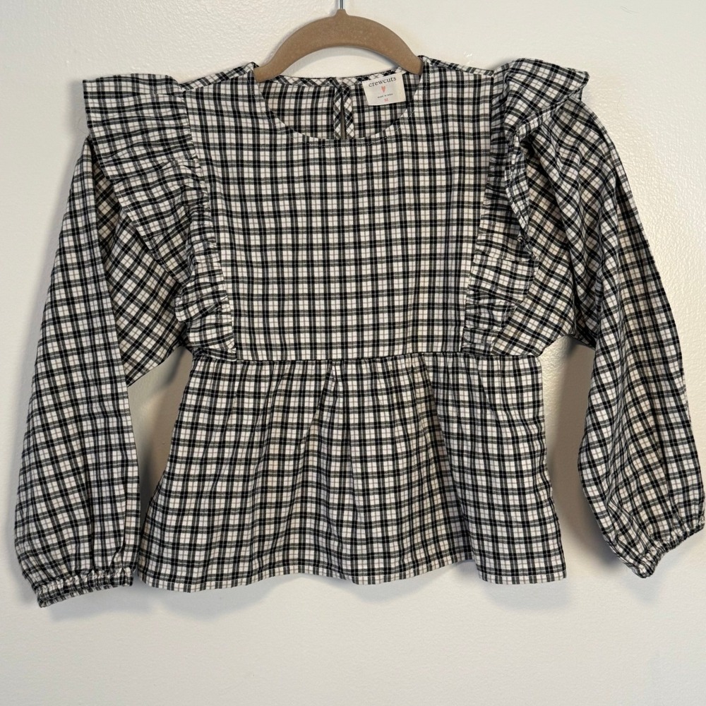 Crewcuts Ruffle Plaid Blouse Kids Size M Black White Long Sleeve Babydoll Top